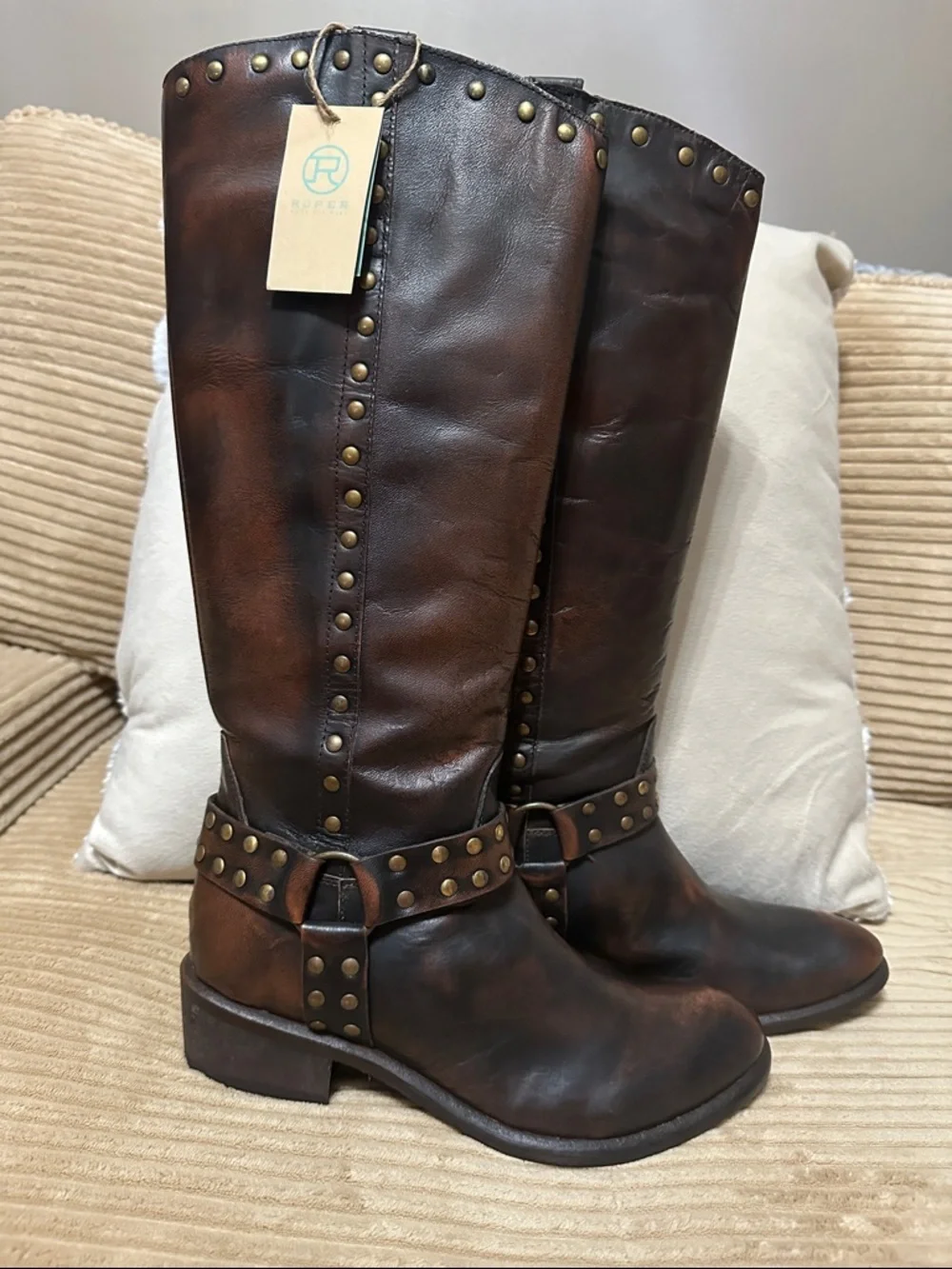 NWT Roper Miranda Dark Brown Studded Round toe Harness Riding Boots 7.5 - Picture 1 of 7